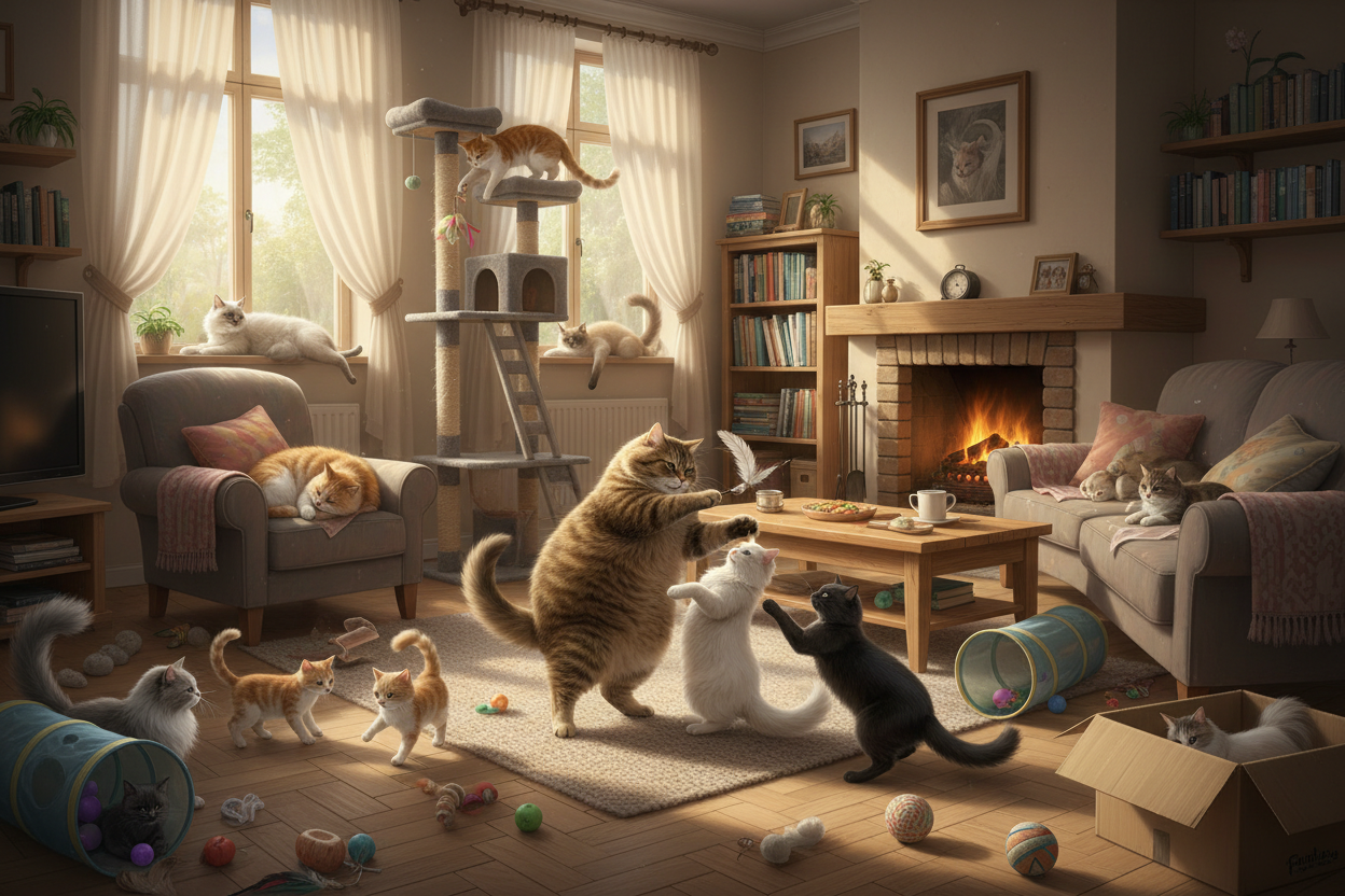  a fatty brown cat playing with a white cat and a black cat and full of cats at a home
